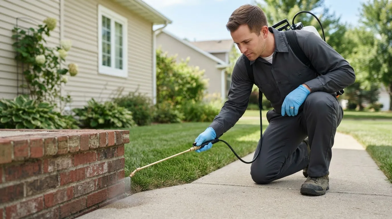 Pest control technician treating a home near Rogers, AR