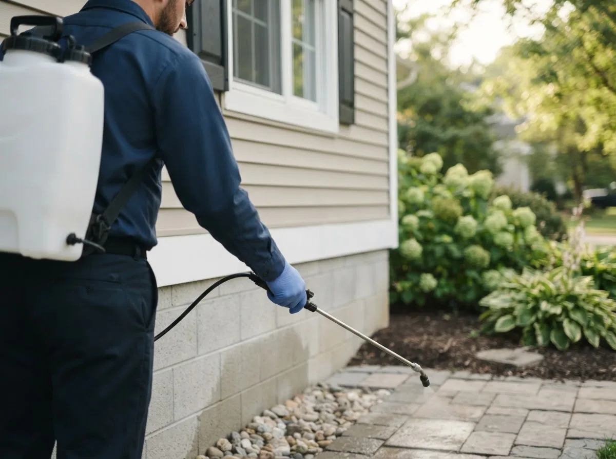 Pest control technician inspecting a home in Rogers, AR
